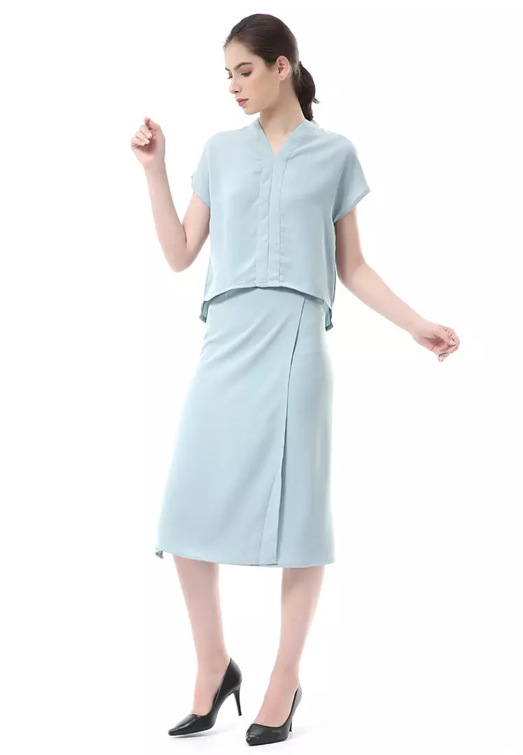 Nayra Setelan Baju & Rok Wanita One Set Adjustable Short Sleeve Material Dolce ORIGINAL - Blue Mint