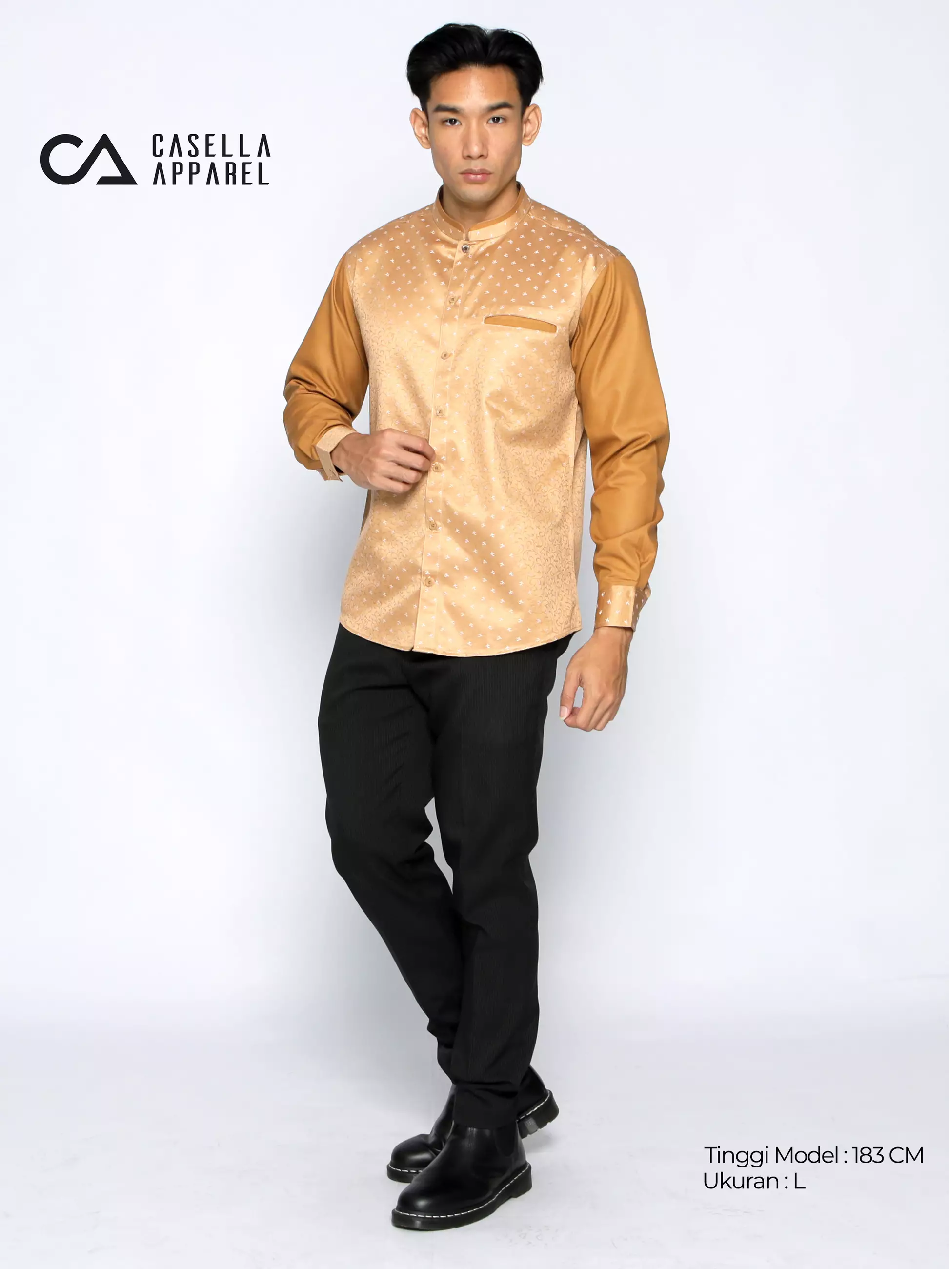 Casella Baju Koko Pria Lengan Panjang Kombinasi Batik Jeddah Design 9925 Gold