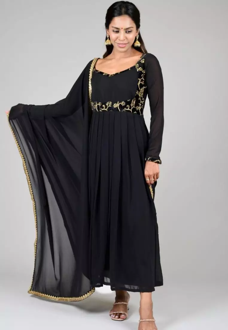 Black V Neck Embroidered Anarkali Kurta main image 0