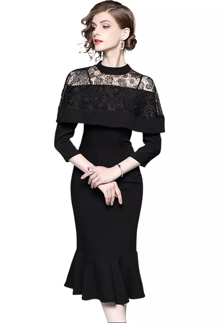 Buy Sunnydaysweety New Lace Stitching Black One Piece Dress UA120503 ...