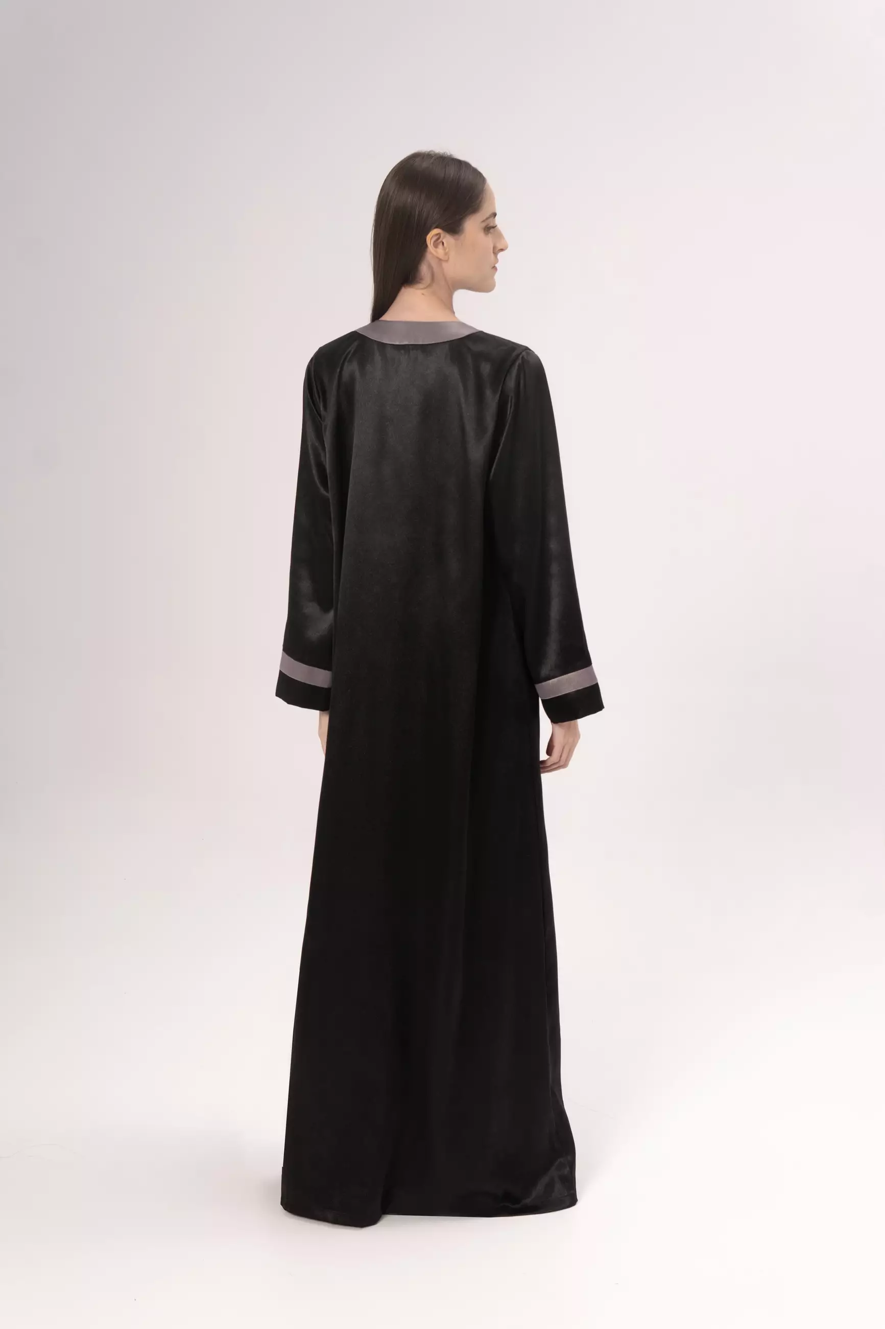 DEMURE&CO - DESSENTIALS RABIA OPEN ABAYA IN BLACK - PREMIUM SATIN SILK - DAILY WEAR ABAYA
