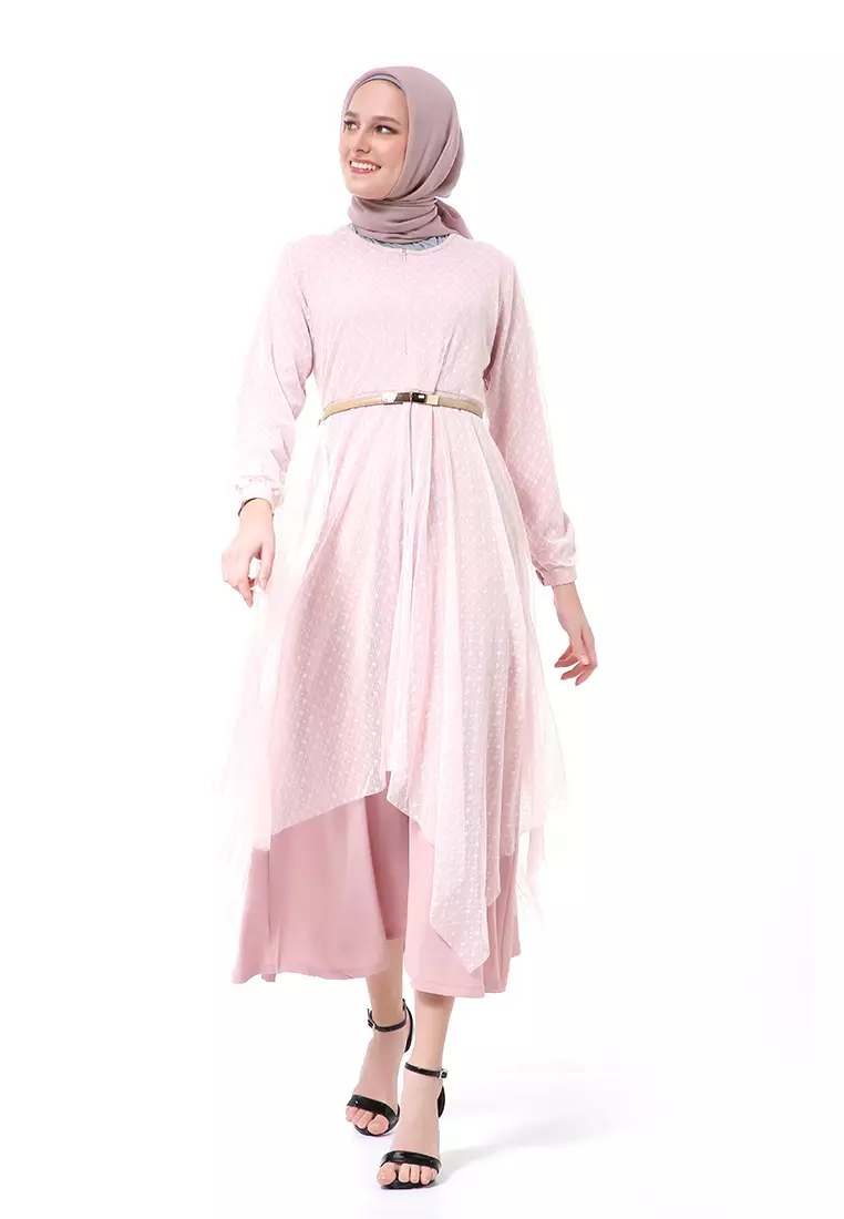 Zahwa Long Dress Gamis Muslimah Long Sleeve Free Belt High Quality - Pink