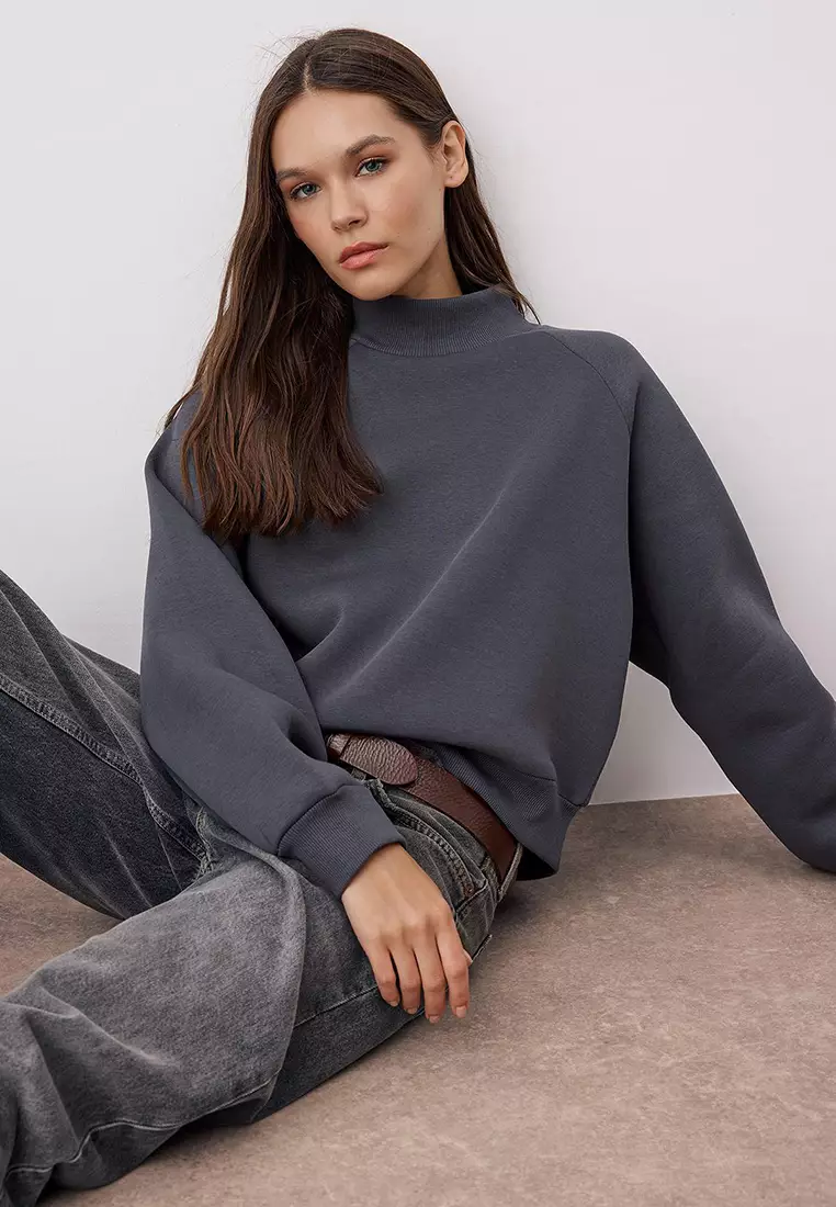 Anthracite Raglan Sleeve Oversize/Wide Pattern Thick Inside Polar Fleece Knitted Sweatshirt