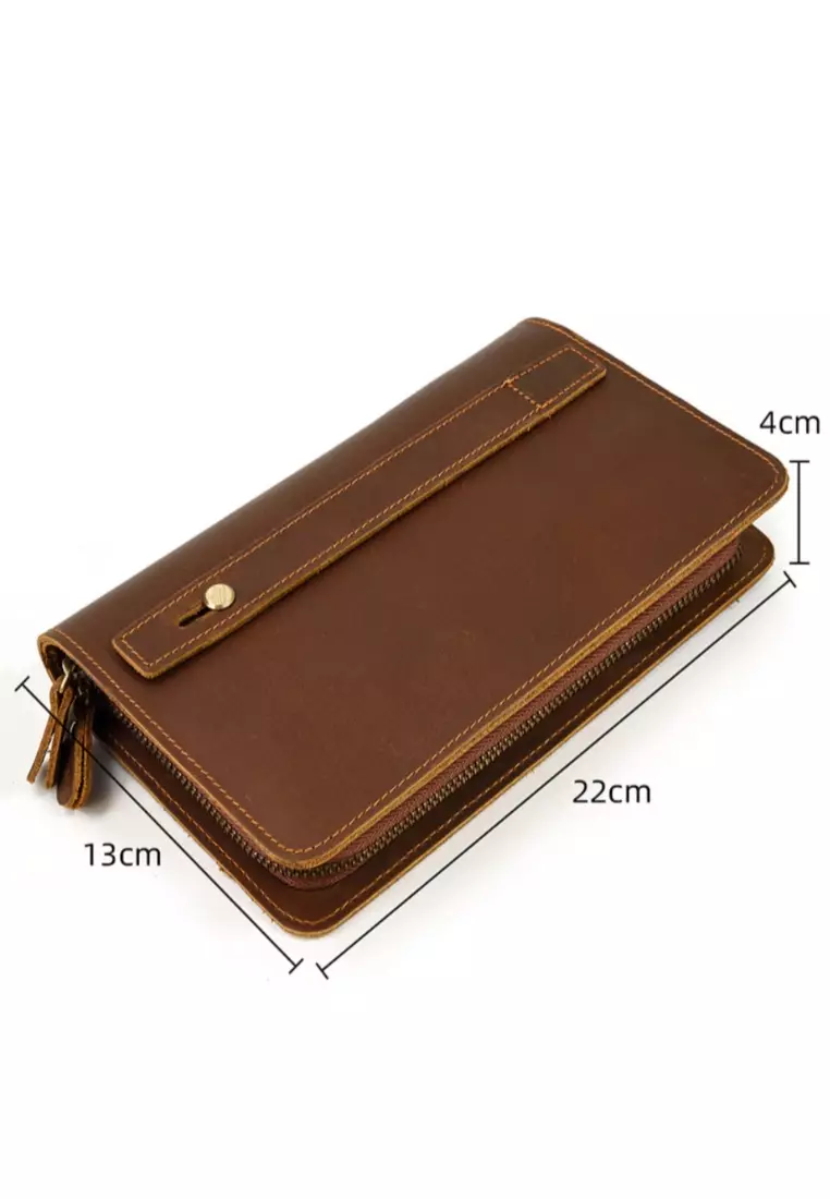 Men's Vintage Genuine Leather Double Zipper Clutch Purse Long Wallet