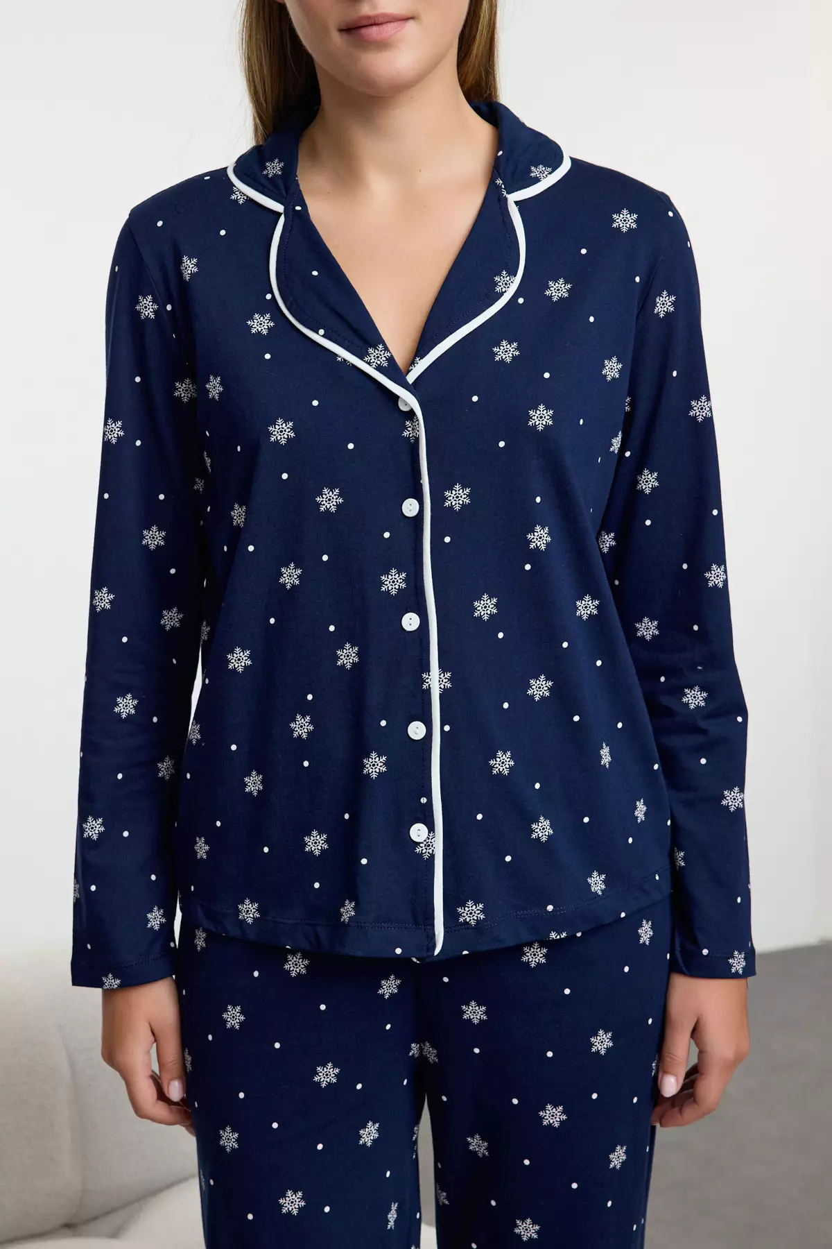Navy Blue Winter Themed Piping Knitted Pajama Set