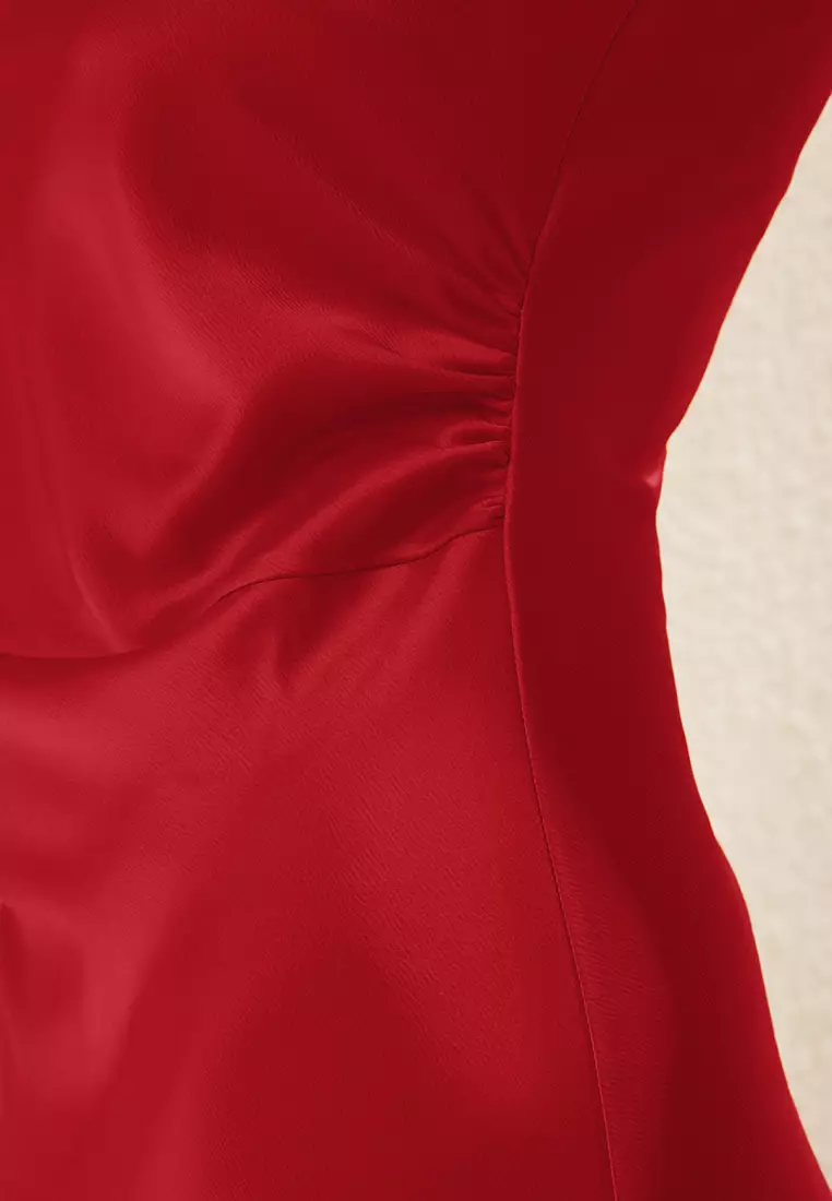 Red Bodycon Satin Woven Maxi Evening Prom Dress TPRSS25AE00066