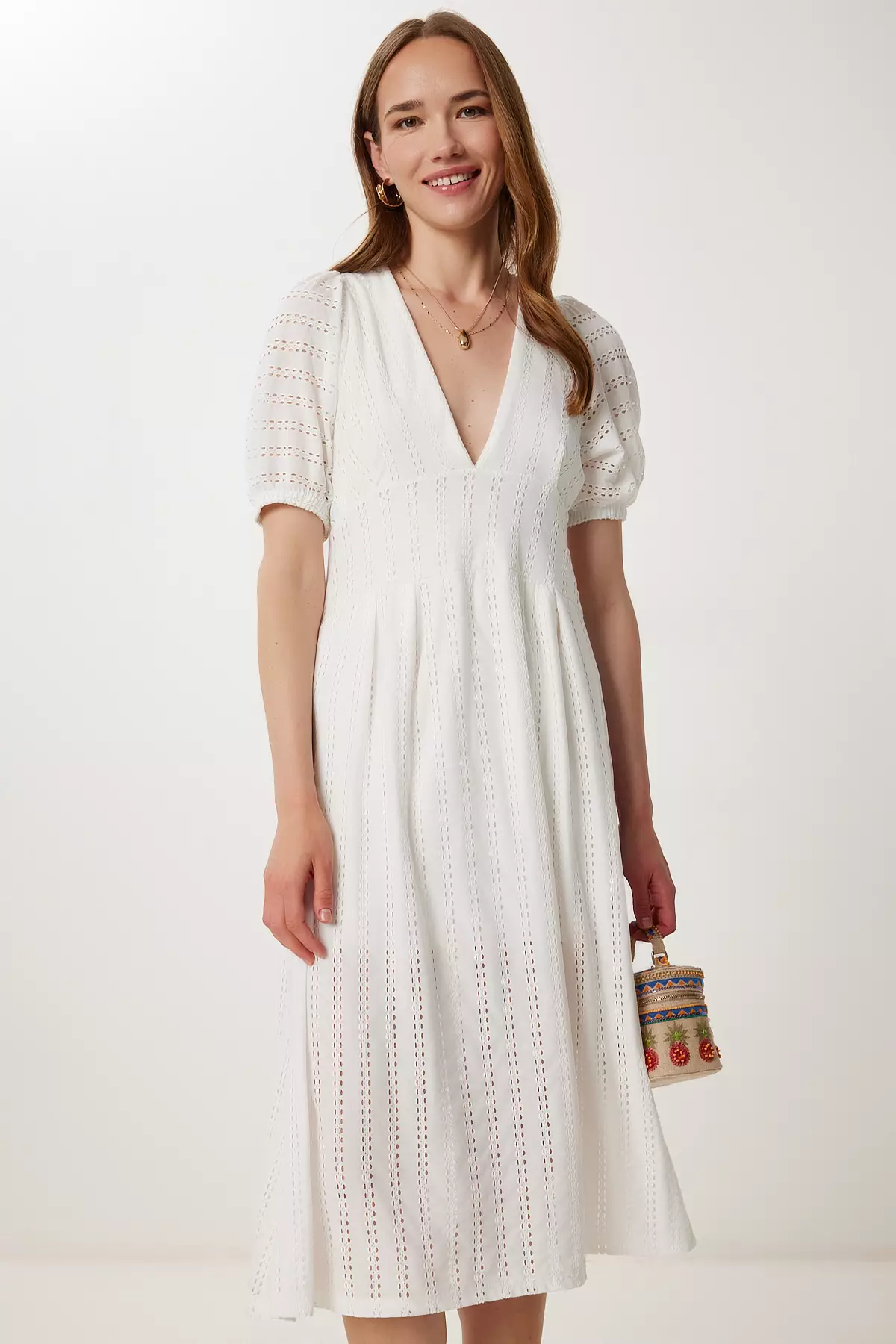 Women's Ecru Openwork Summer Midi Knitted Dress Tp00050