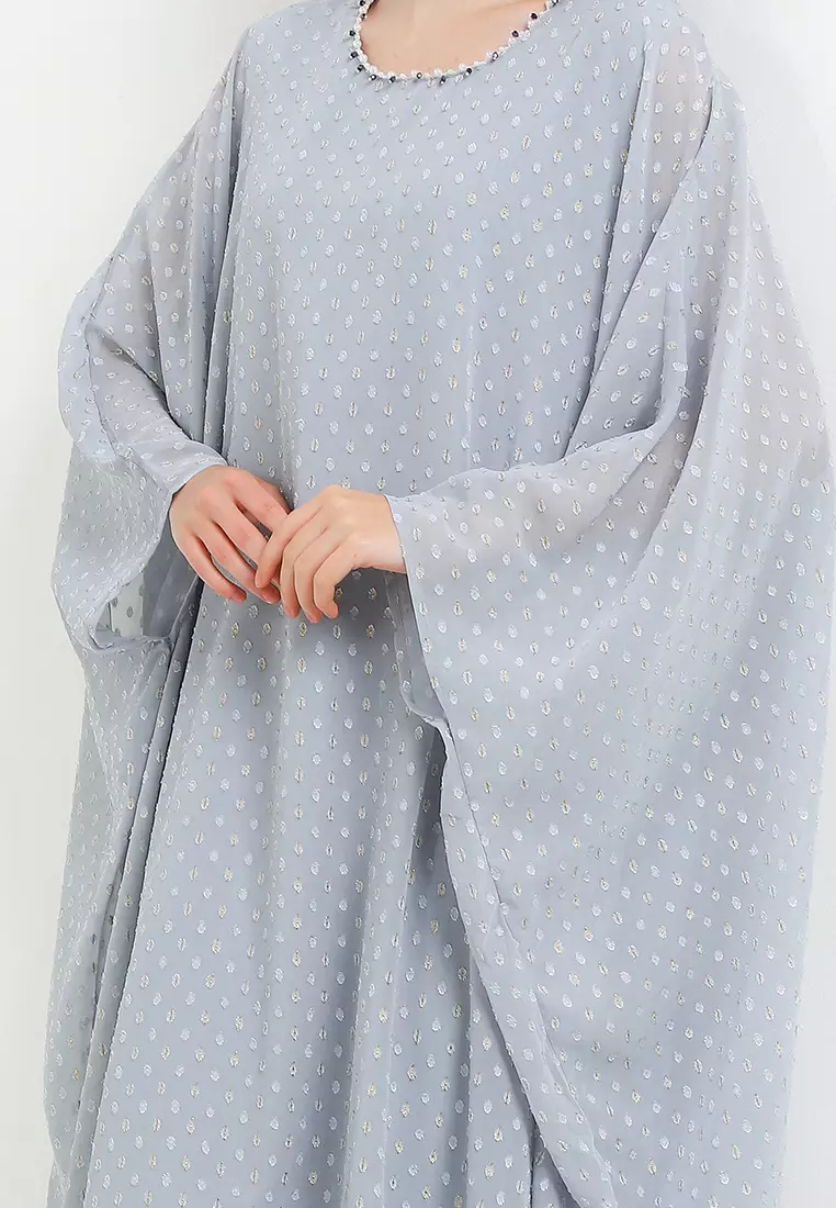 Jual Chic Simple Beaded Neckline Gold Stripes Chiffon Swiss Dot