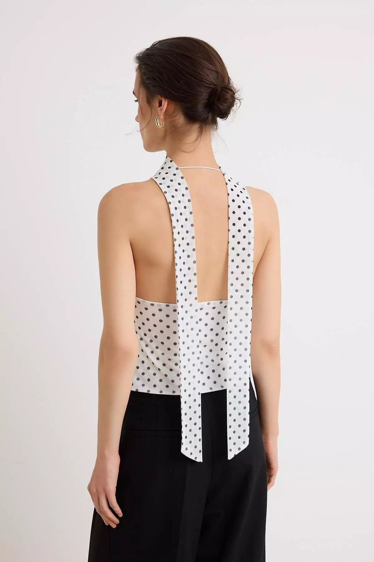 Multi-Colored Polka Dot Pack Fitted Halter Neck Tie-Detail Accessory Detail Tulle Knitted Blouse Twoss26Bz488
