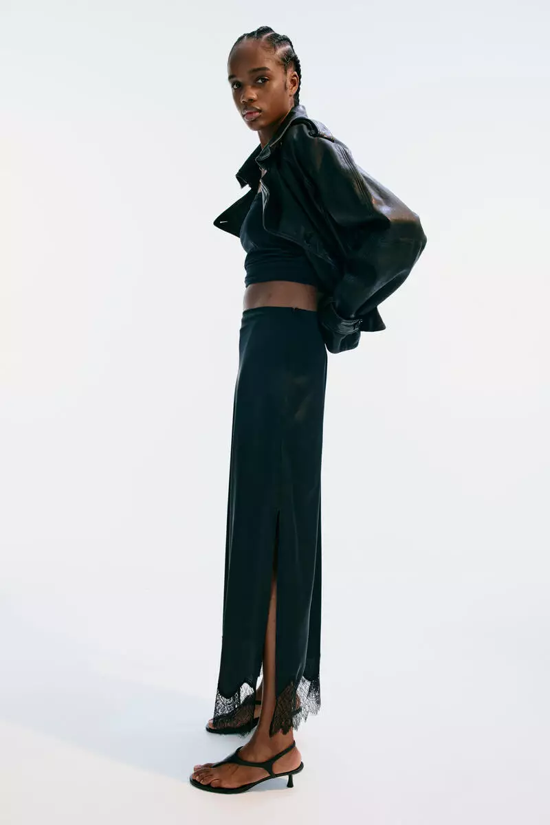 Lace-trimmed satin skirt