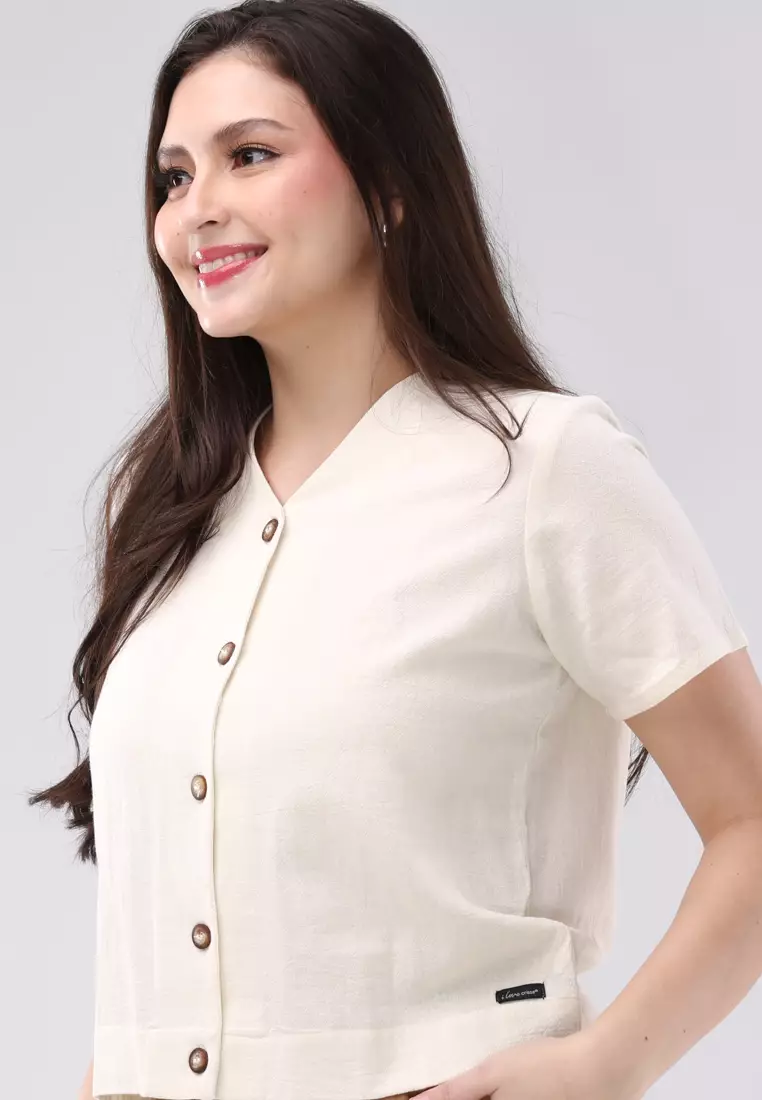 Crumpled Cotton Linen Short Sleeves Blouse