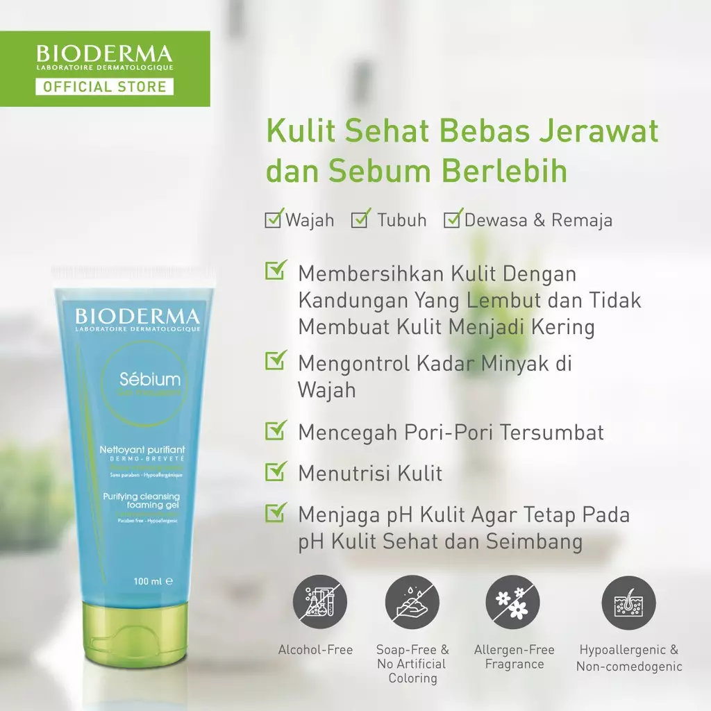 Bioderma Sebium Gel Moussant 100 ml - Facial Wash untuk Kulit Kombinasi / Berminyak / Berjerawat