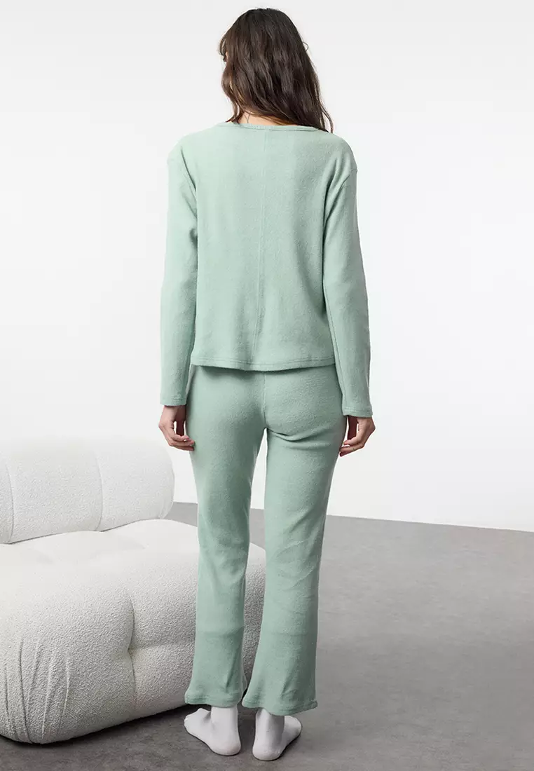 Brushed Soft Corded Cardigan Knitted Pajamas Set