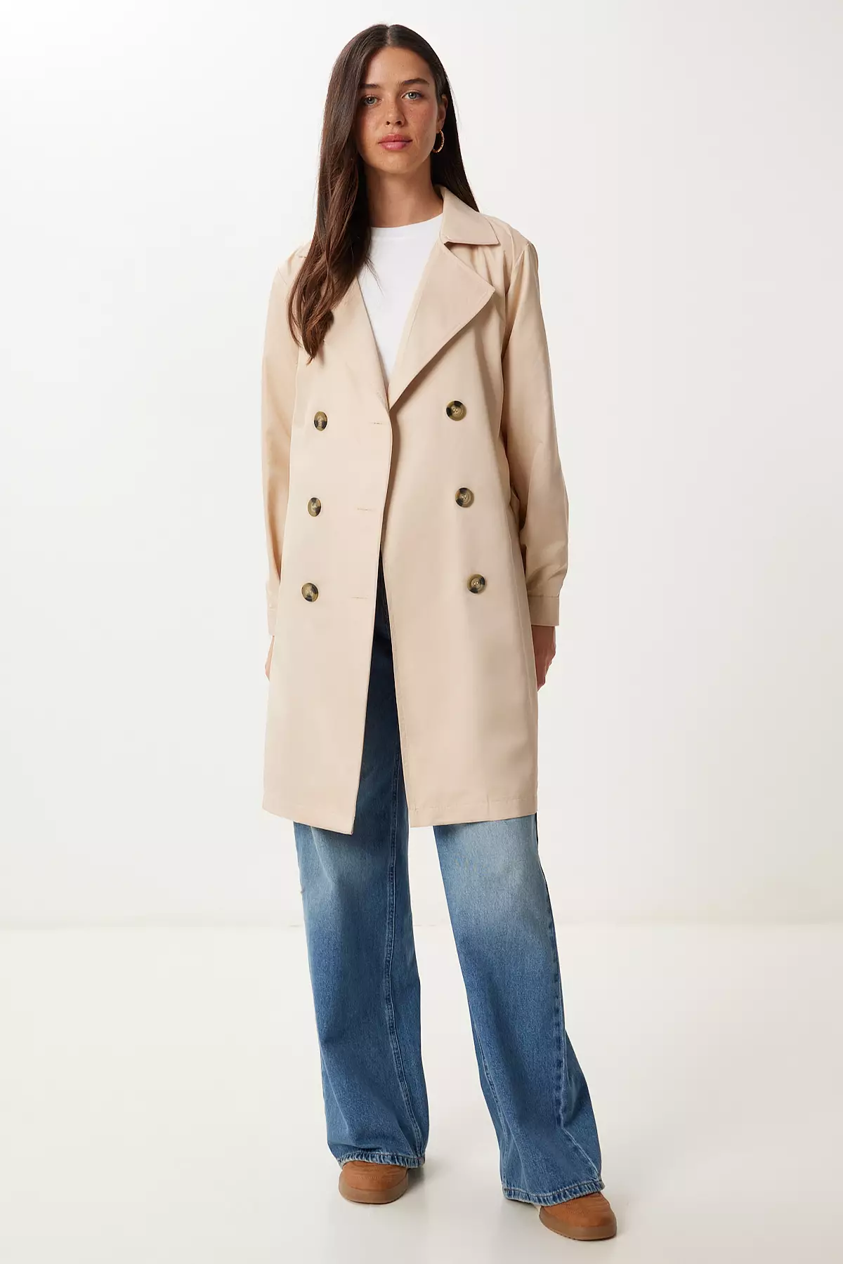 Buy Happiness Istanbul Women's Cream Double Breasted Collar Belted