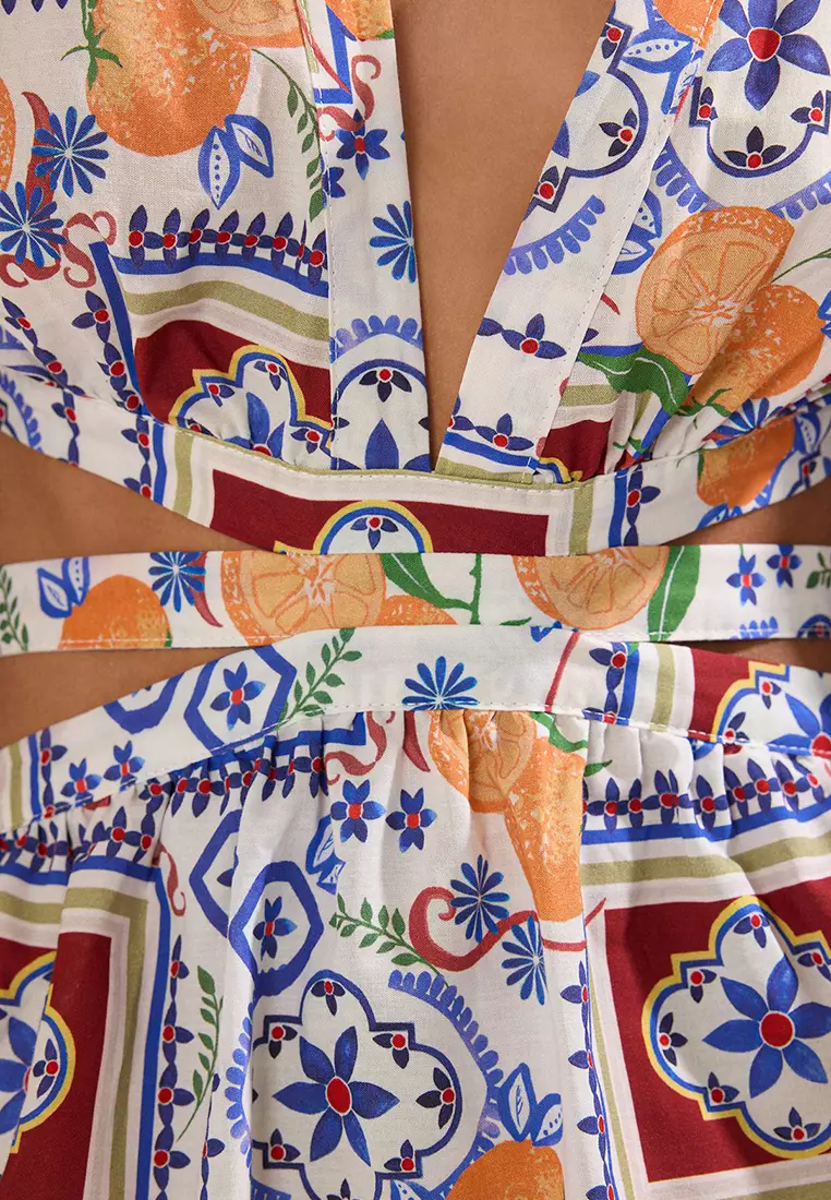 Floral Patterned Mini Woven Cut Out/Window 100% Cotton Beach Dress TBESS23EL00140