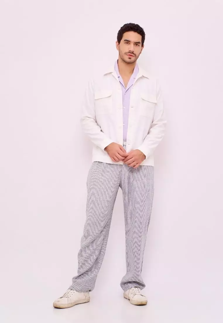 Jekyll Celana Panjang Linen Pria Putih Garis | Linen Loose Pants Men Striped White