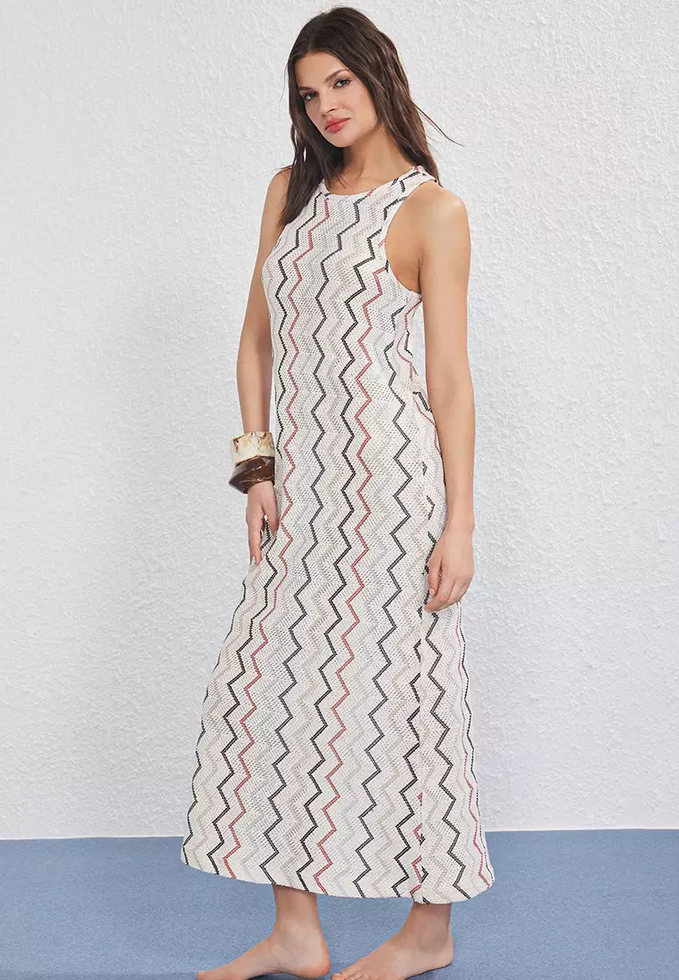 Geometric Patterned Woven Knitwear Look Beach Dress TBESS25EL00139