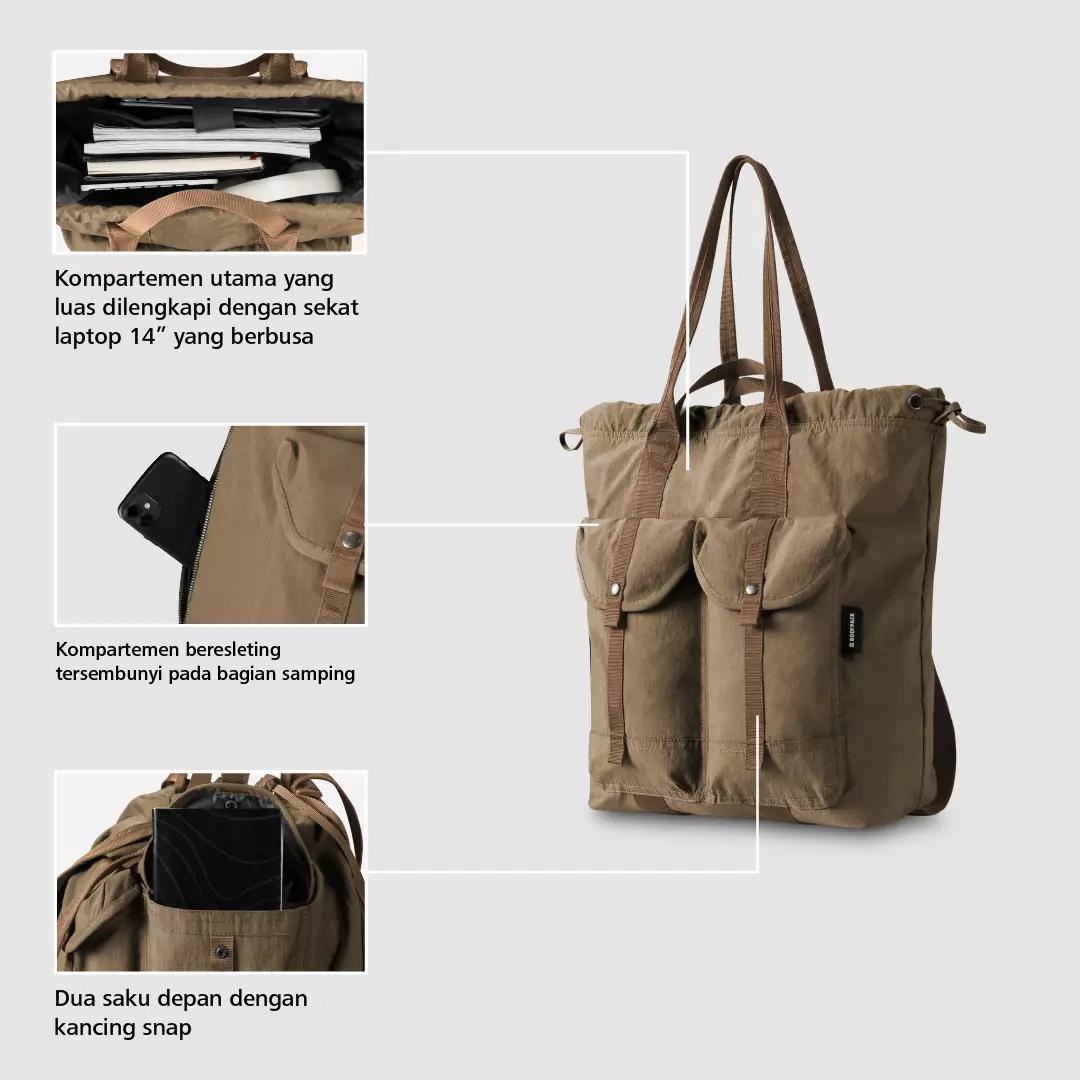 Tame Regular Tote Bag 14 Inch Tas Jinjing Kuliah Sekolah Travel Ringan Multifungsi 16 L - Khaki