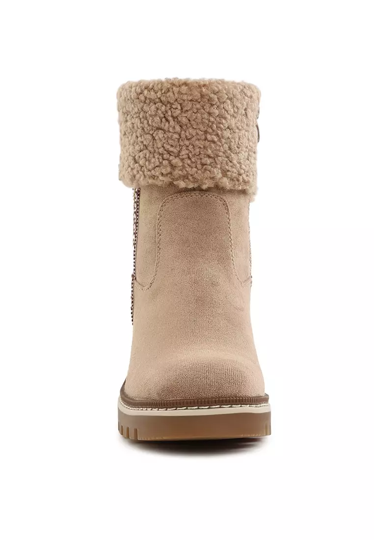 Faux Fur & Embroidery Detail Boots in Beige