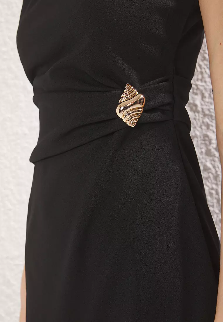 Black Plain Accessory Detail Midi Fitted/Fits Body Knitted Dress Twoss25El00661