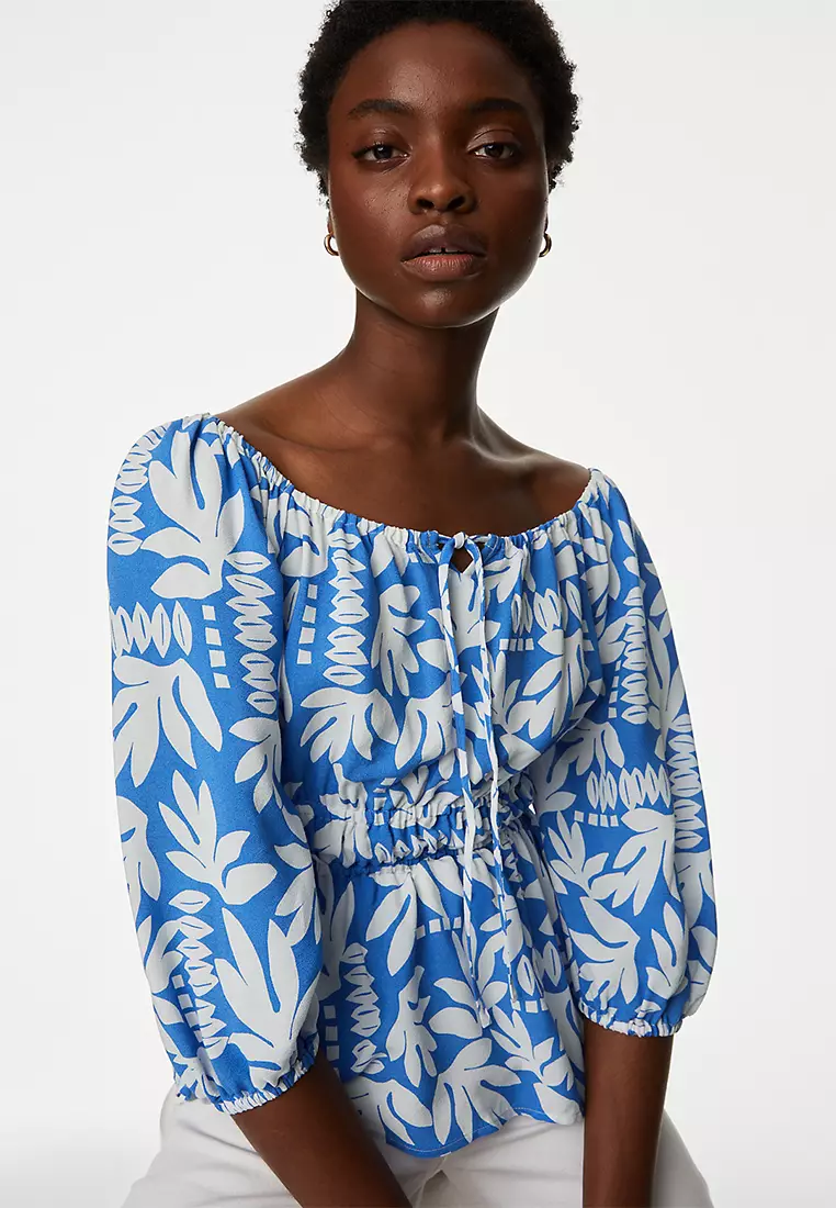 Printed Blouson Sleeve Peplum Top