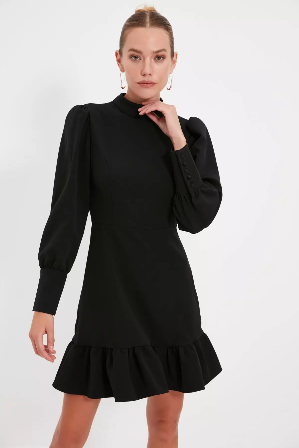 Trendyol High Neck Puffed Sleeve Ruffled Dress