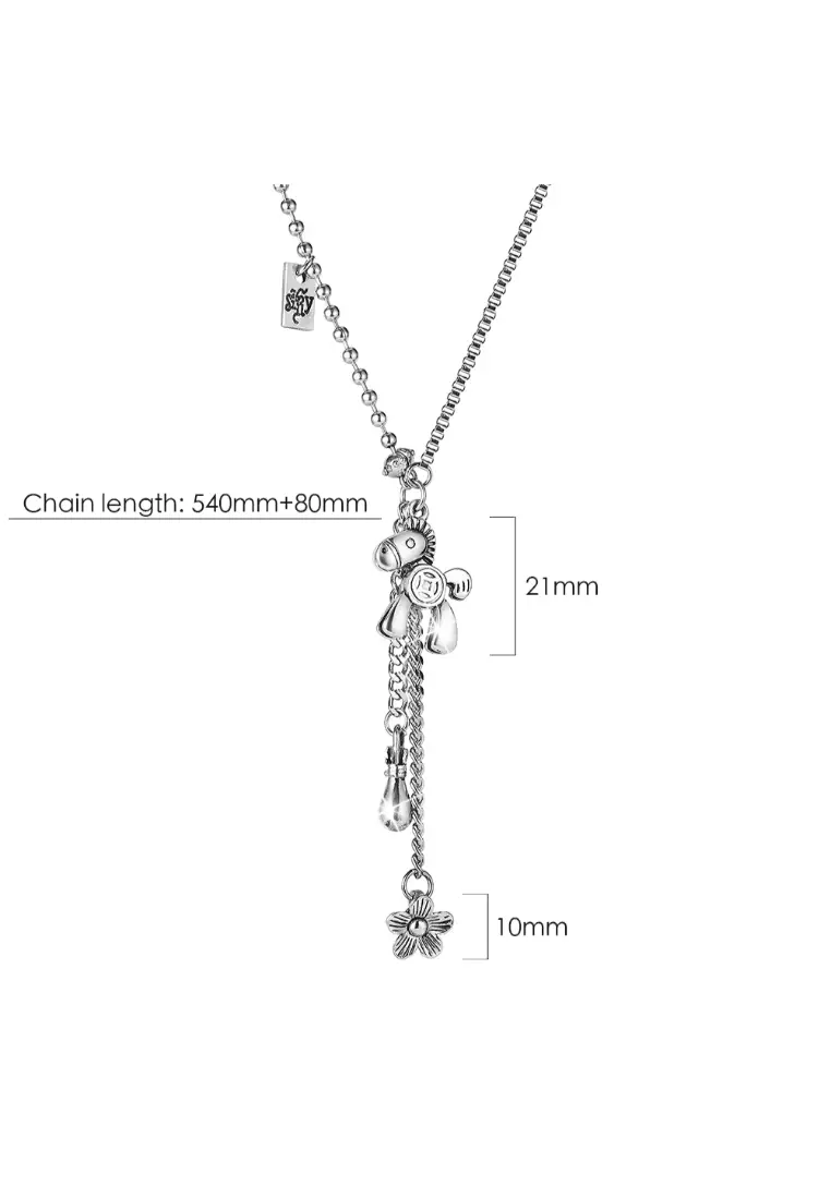 Petite Pony and Flower Long Chain Necklace in White Gold