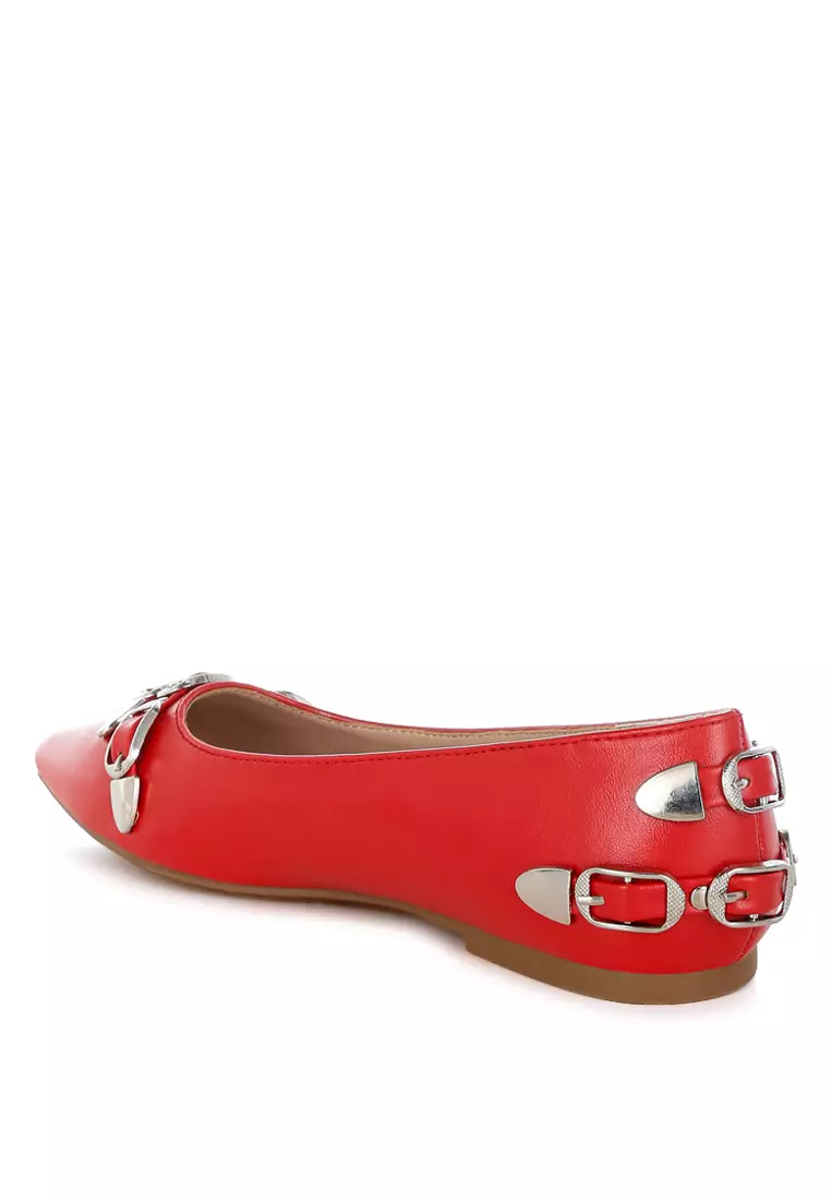 Belt Buckle Detail Ballerinas In Red