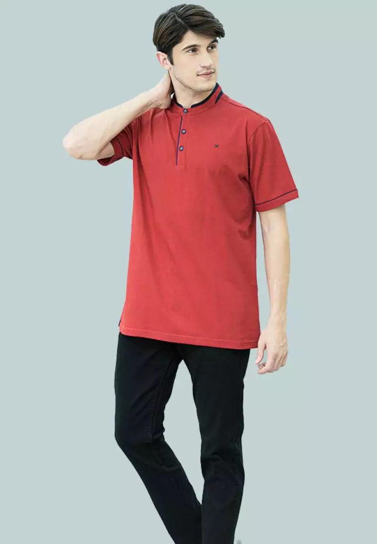 Johnwin - Kaos Henley - Kaos Lengan Pendek - Kerah Shanghai - Merah - APS.630.M358E.01.C-S/S