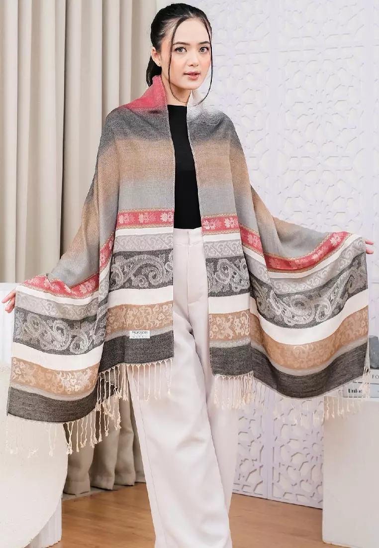 AAksesoris Wanita Reversible Viscose Multicolour Vintage Pattern Pashmina Shawl Smokey Sandstone