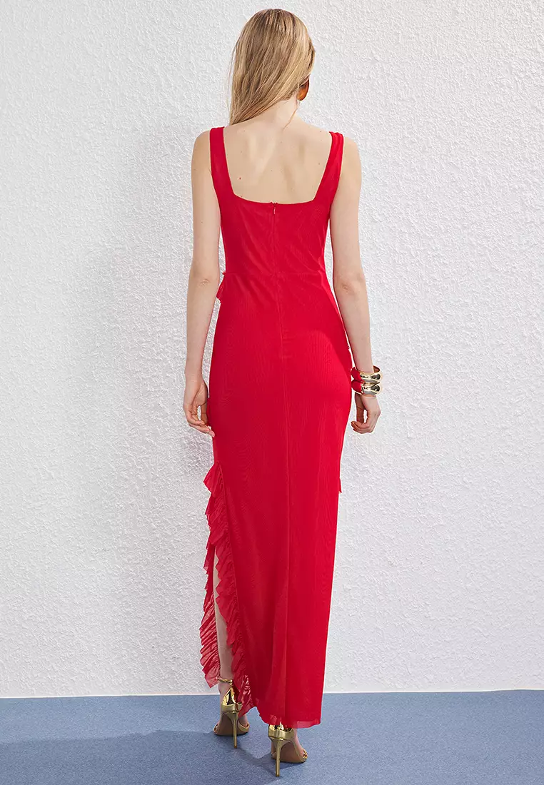 Red Ruffle Detailed Tulle Lined Maxi Evening Prom Dress TPRSS25AE00174