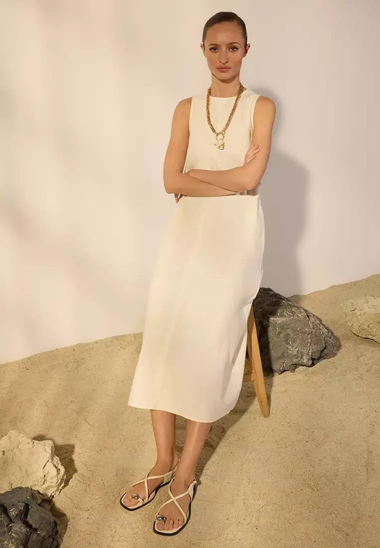 White Linen Blended Midi Dress With Stitching And Pocket Detail