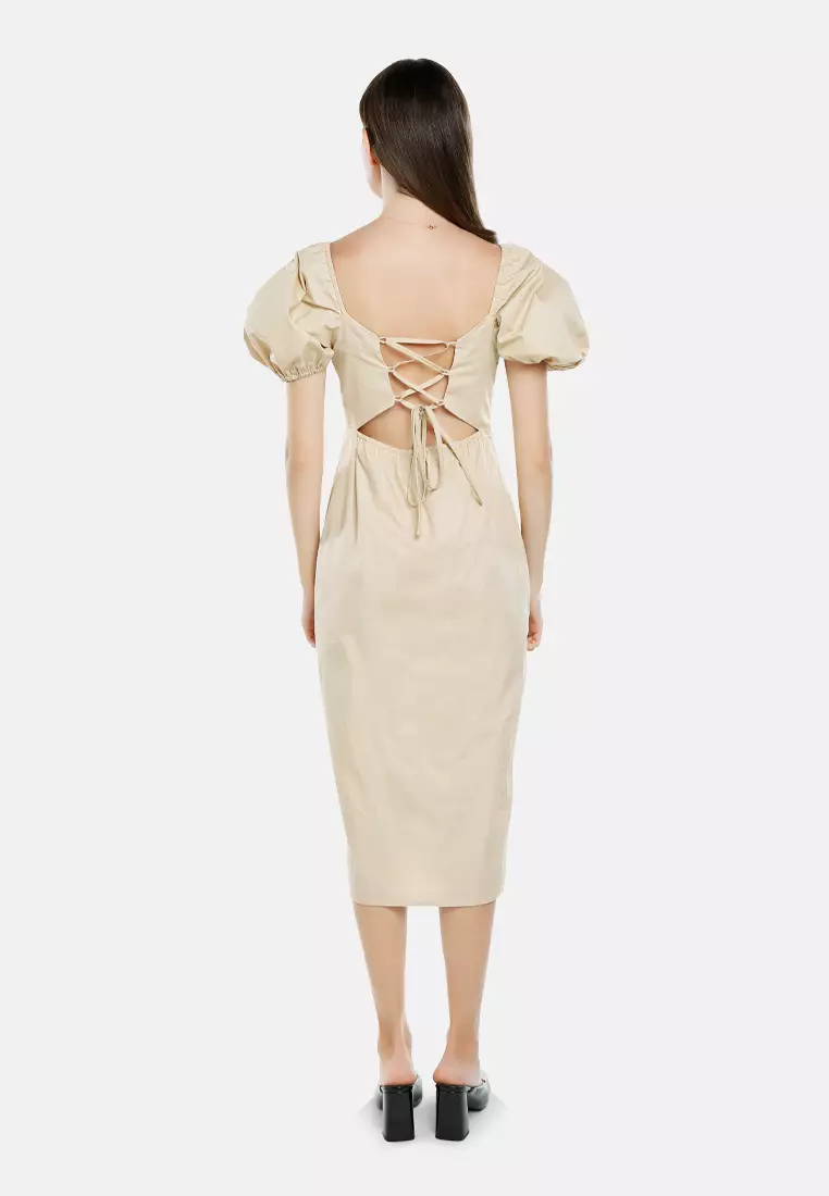 Puff Sleeves Slit Dress In Tan