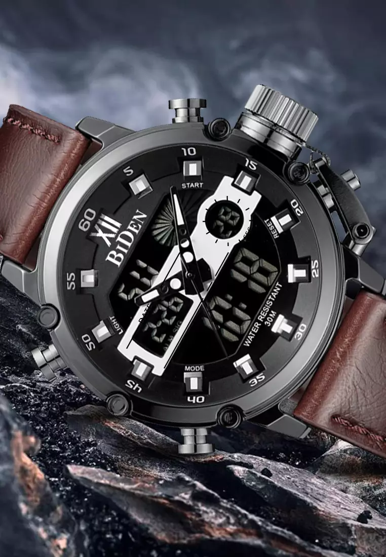 jam tangan pria fashion casual sport leather band bisnis military Luminous Waterproof Multifunction LED display Chronograph watch