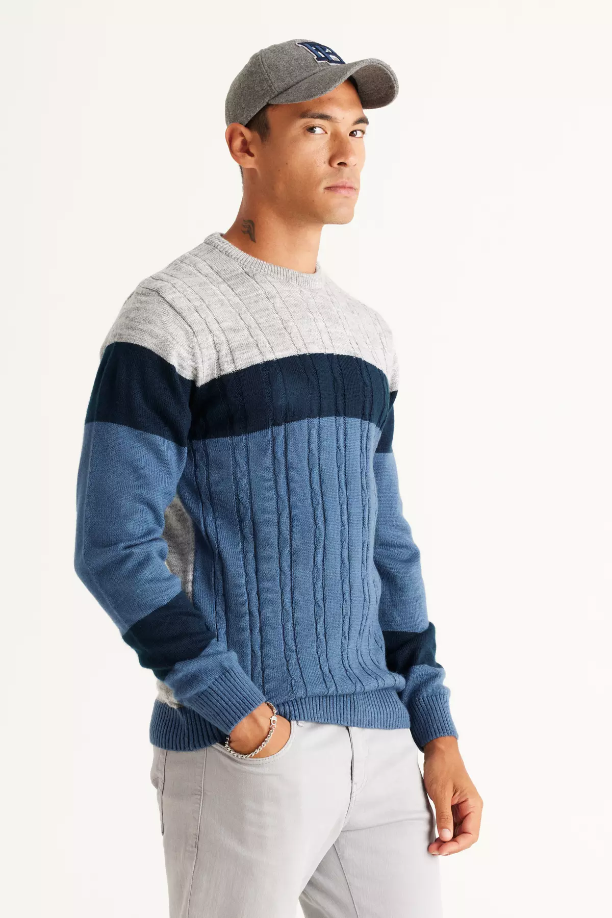 Gray Melange-Indigo Standard Fit Regular Cut Crew Neck Colorblock Patterned Knitwear Sweater
