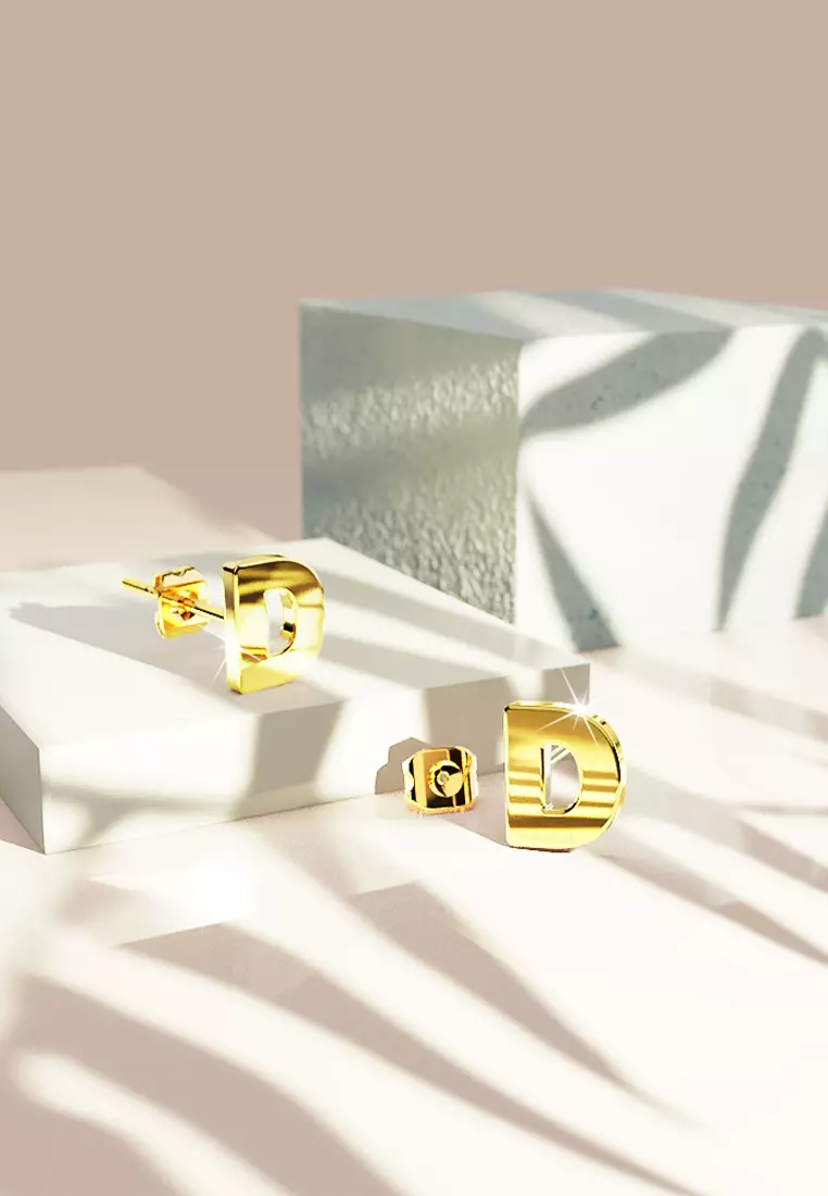 Bold Alphabet Letter Initial Charm Earrings in Gold Tone - D