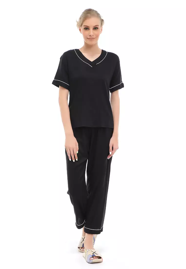 Vance Piyama Setelan Baju Tidur Wanita Lengan Pendek Material Rayon ORIGINAL - Black