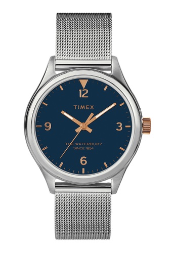 Timex blue and silver Timex Waterbury Traditional 34mm - Silver-Tone Case & Mesh Band (TW2T36300) B68D7ACBC2C384GS_1