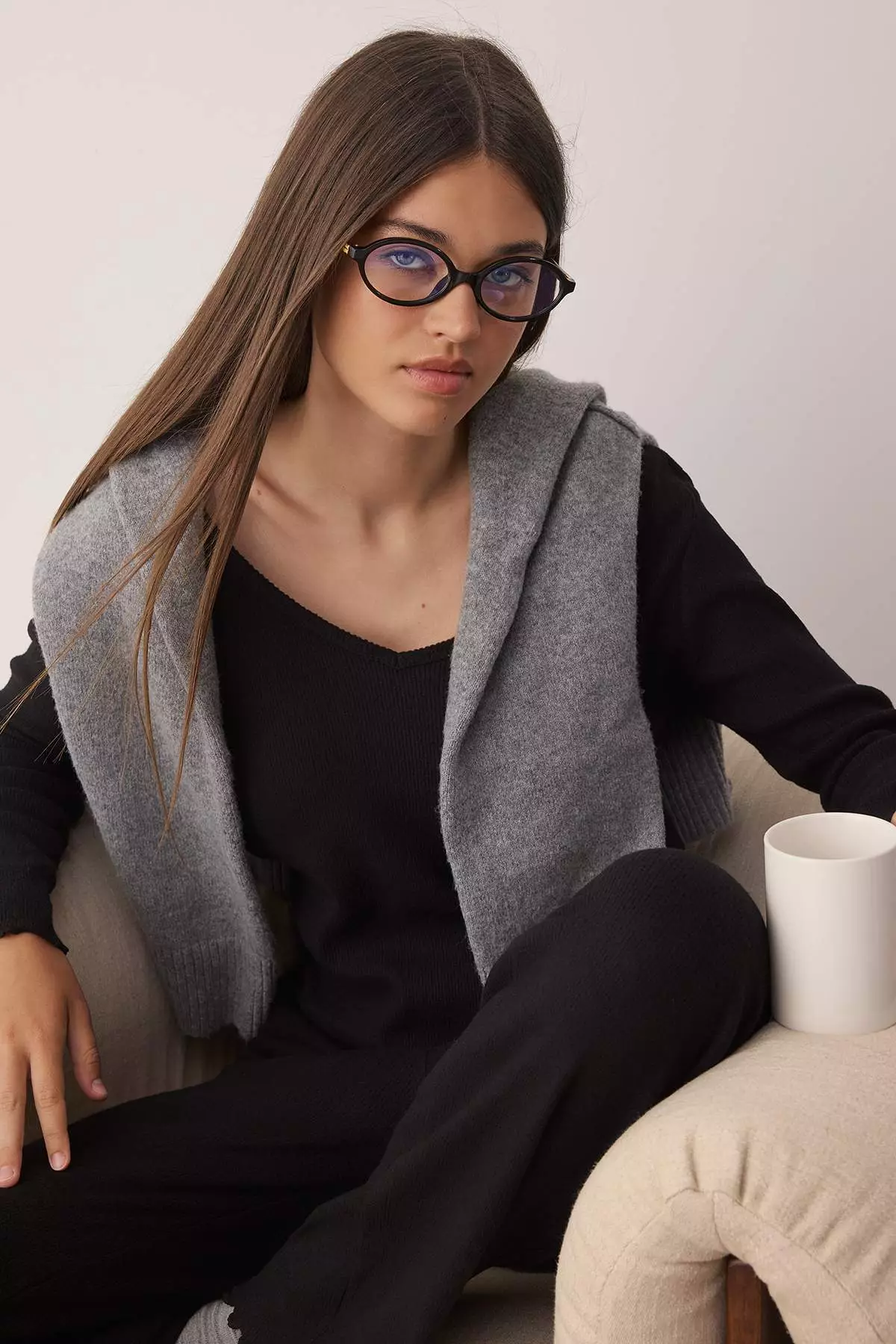 Black V-Neck Baby Overlock Soft Touch Brushed Winter Ribbed Knitted Pajama Set