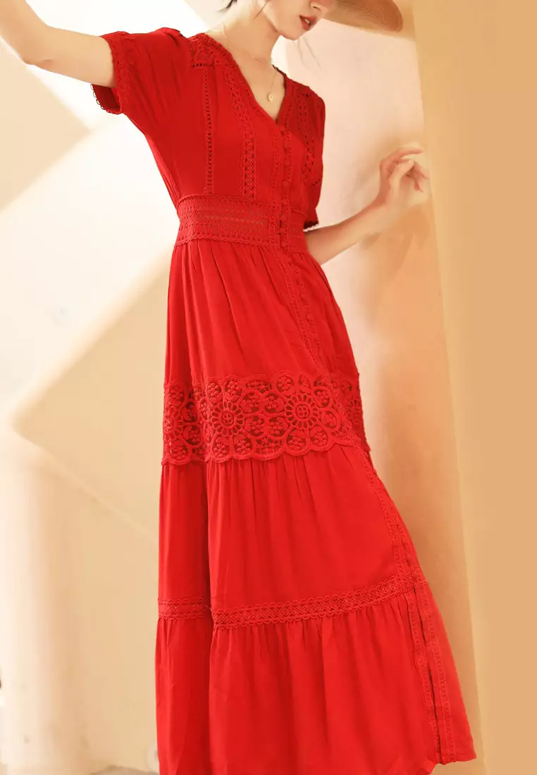 Red maxi dress short sleeve store