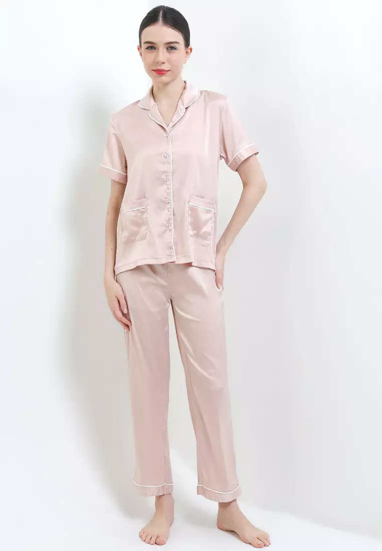 Pyjama Pijama Satin Silk Short Sleeve Pocket Long Pants Sleepwear