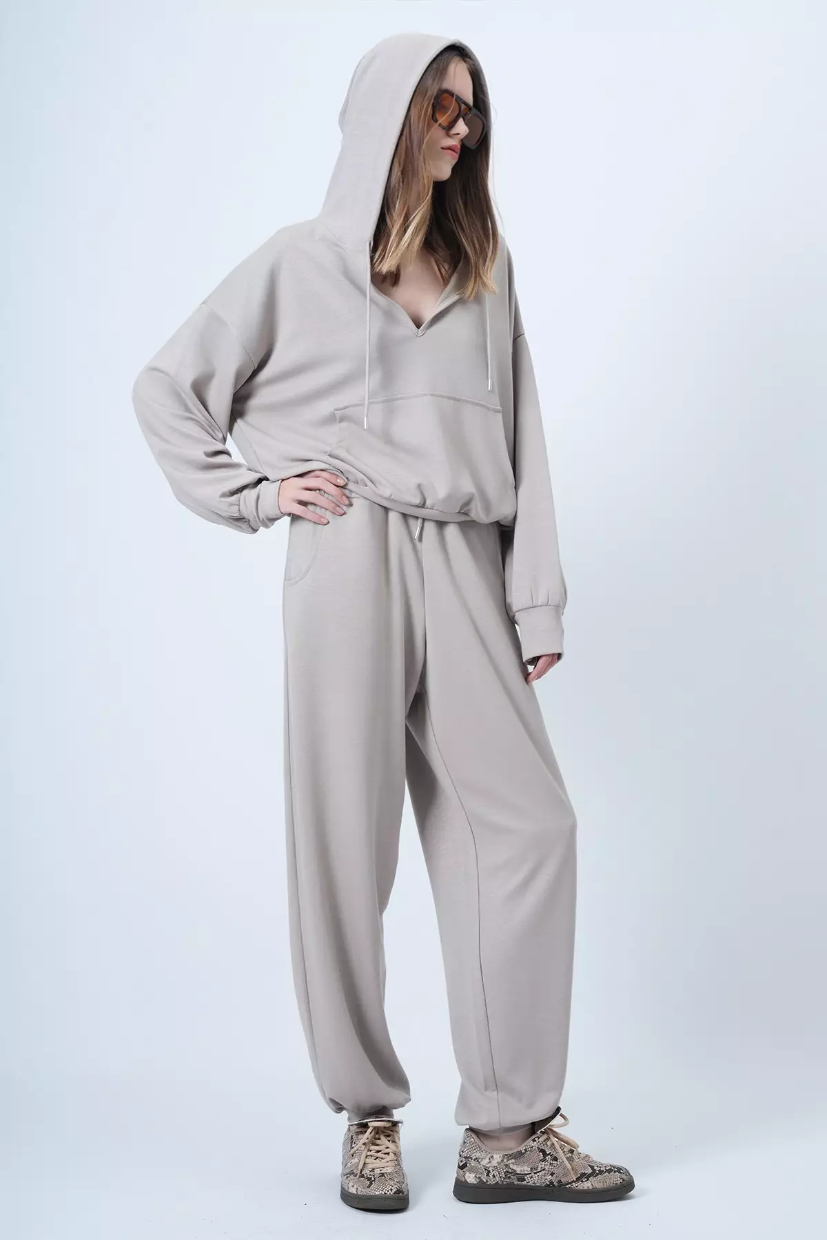 Stone Hooded V-Neck Oversize Modal Sweatshirt And Trousers Set Alc-X14646