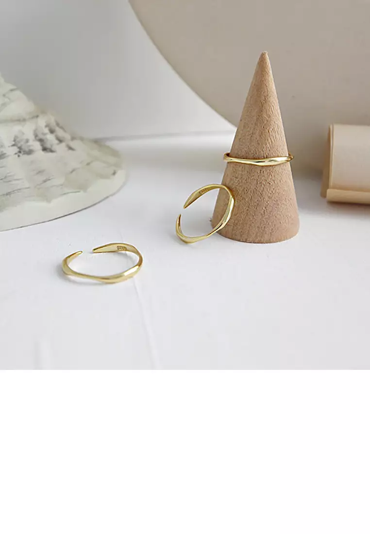 Glamorousky 925 Sterling Silver Plated Gold Simple Temperament Irregular Wave Pattern Geometric Adjustable Opening Ring