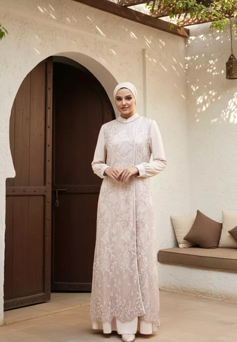 Dress Muslimah Lace Bordir Floral Premium Warna Cream – Tampil Anggun & Exclusive By Brilliant Girl Warna CREAM