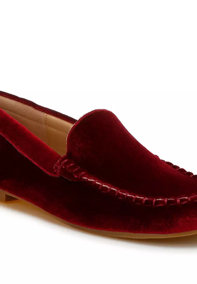 Velvet Flat Loafers in Burgundy
