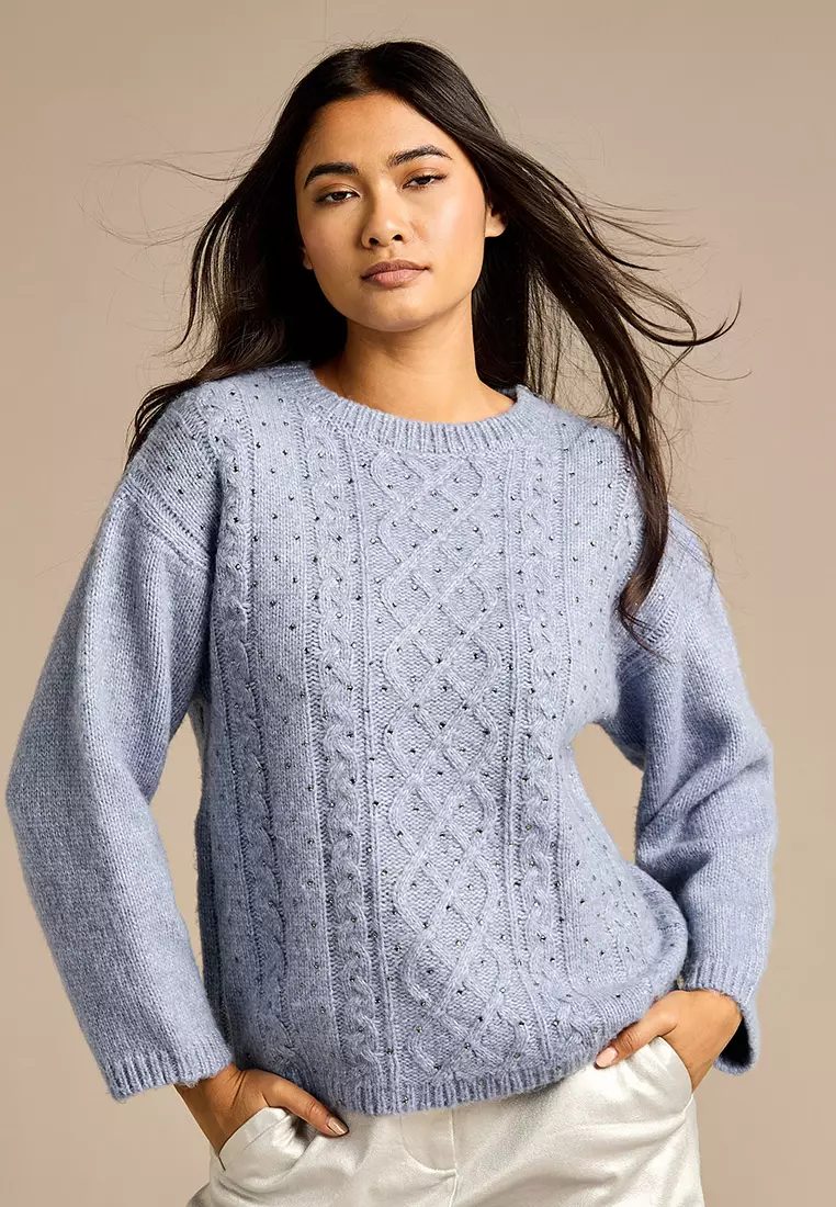 GWD Jerica Blue Wool Cable Knit Diamante Jumper