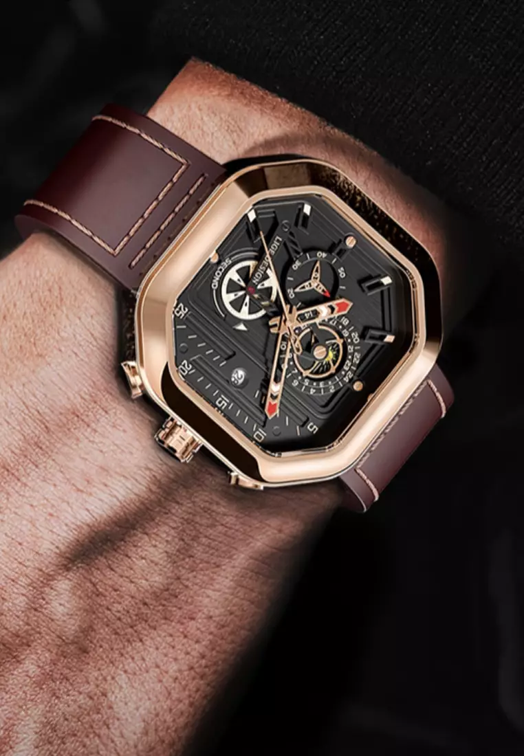 Unisex Chronograph Octogonal IP Pink Steel Quartz Watch on brown leather strap