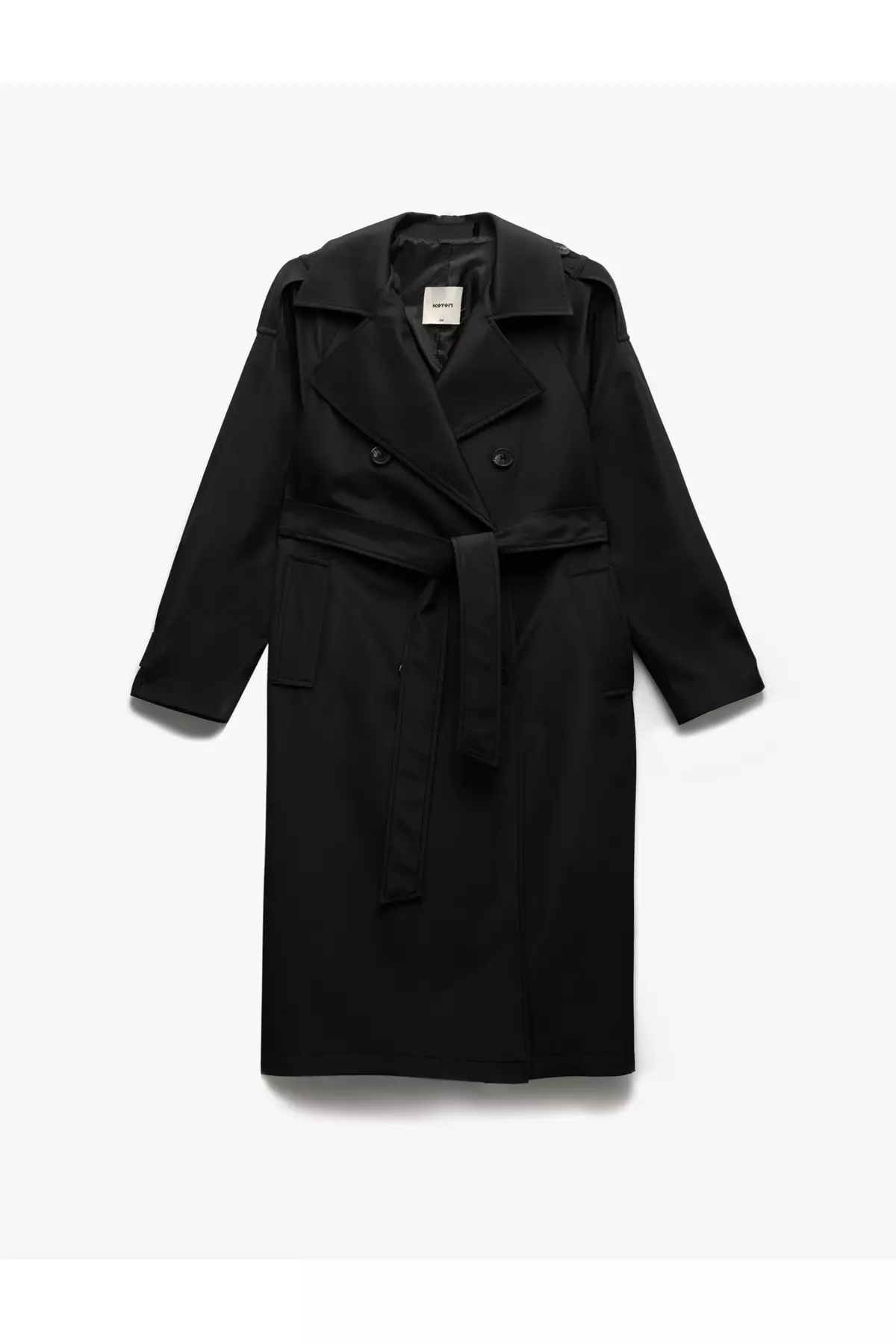 長袖束腰雙排扣長款華達呢風衣連口袋