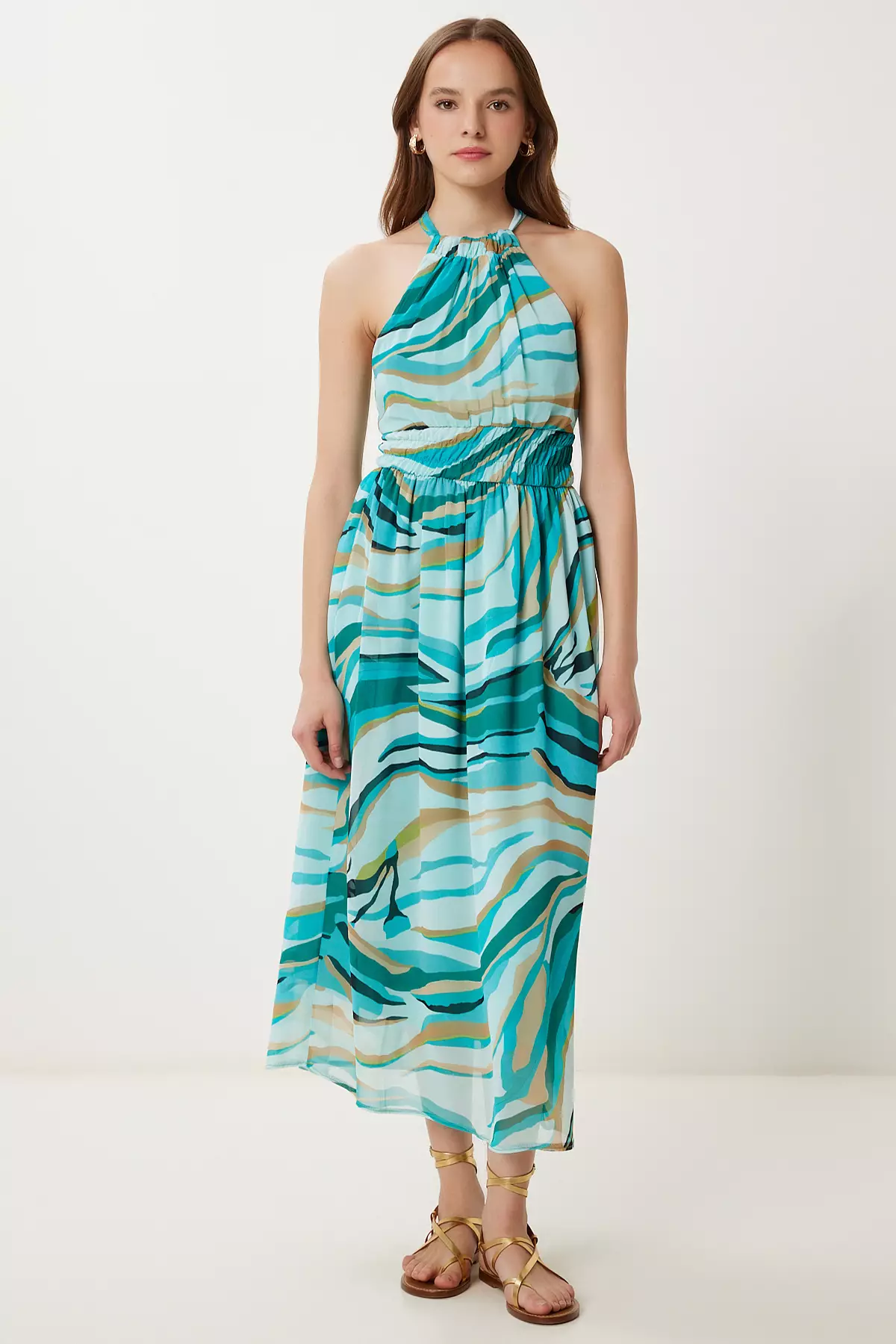 Women's Green Beige Patterned Flounced Midi Chiffon Dress Fg00029