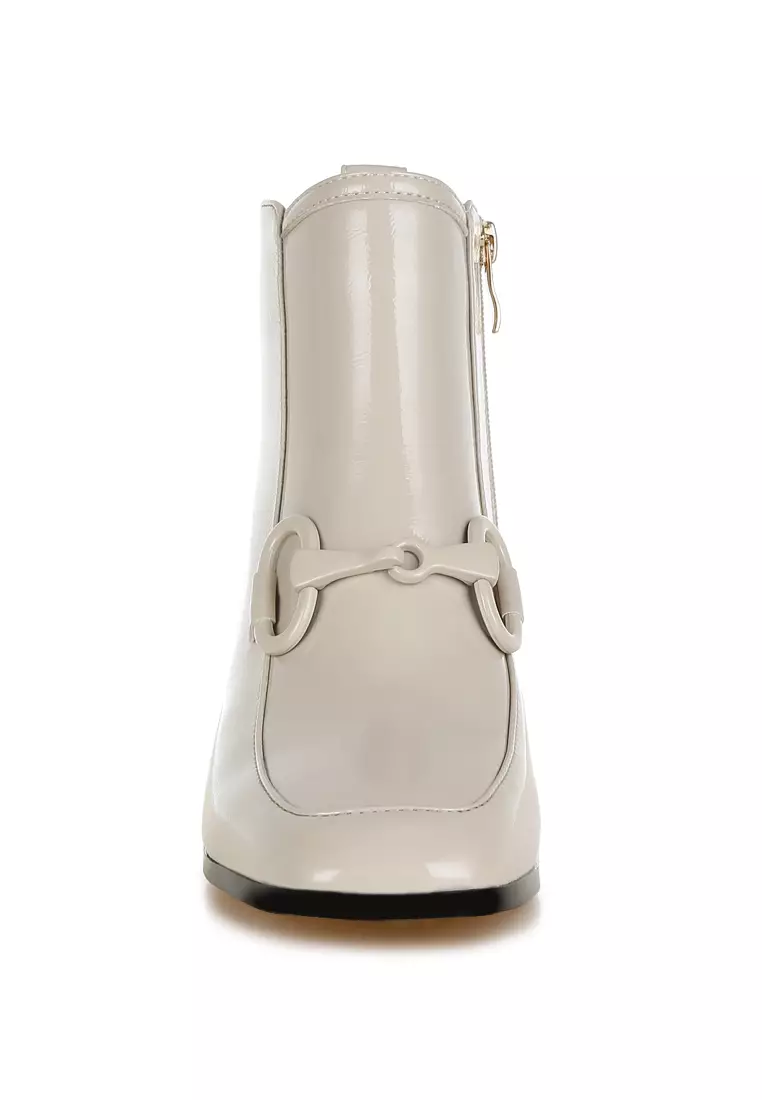 Beige Textured Block Heel Ankle Boots